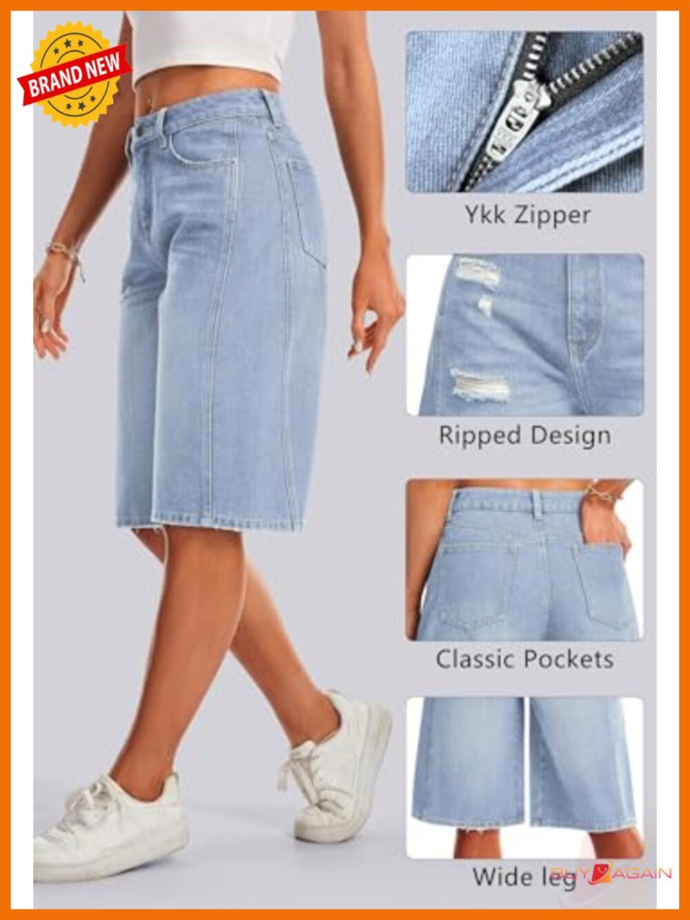 Distressed Denim Bermuda Shorts with Wide Leg High Waist - Picture 3 of 6